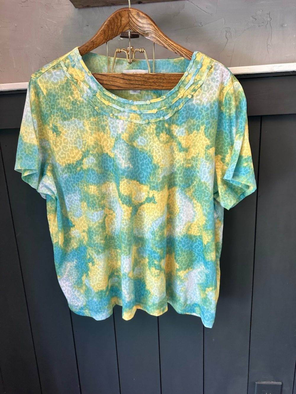 Alfred Dunner Blue Yellow Animal Print Scoop Neck Top Size 2X Short‎ Sleeve Plus